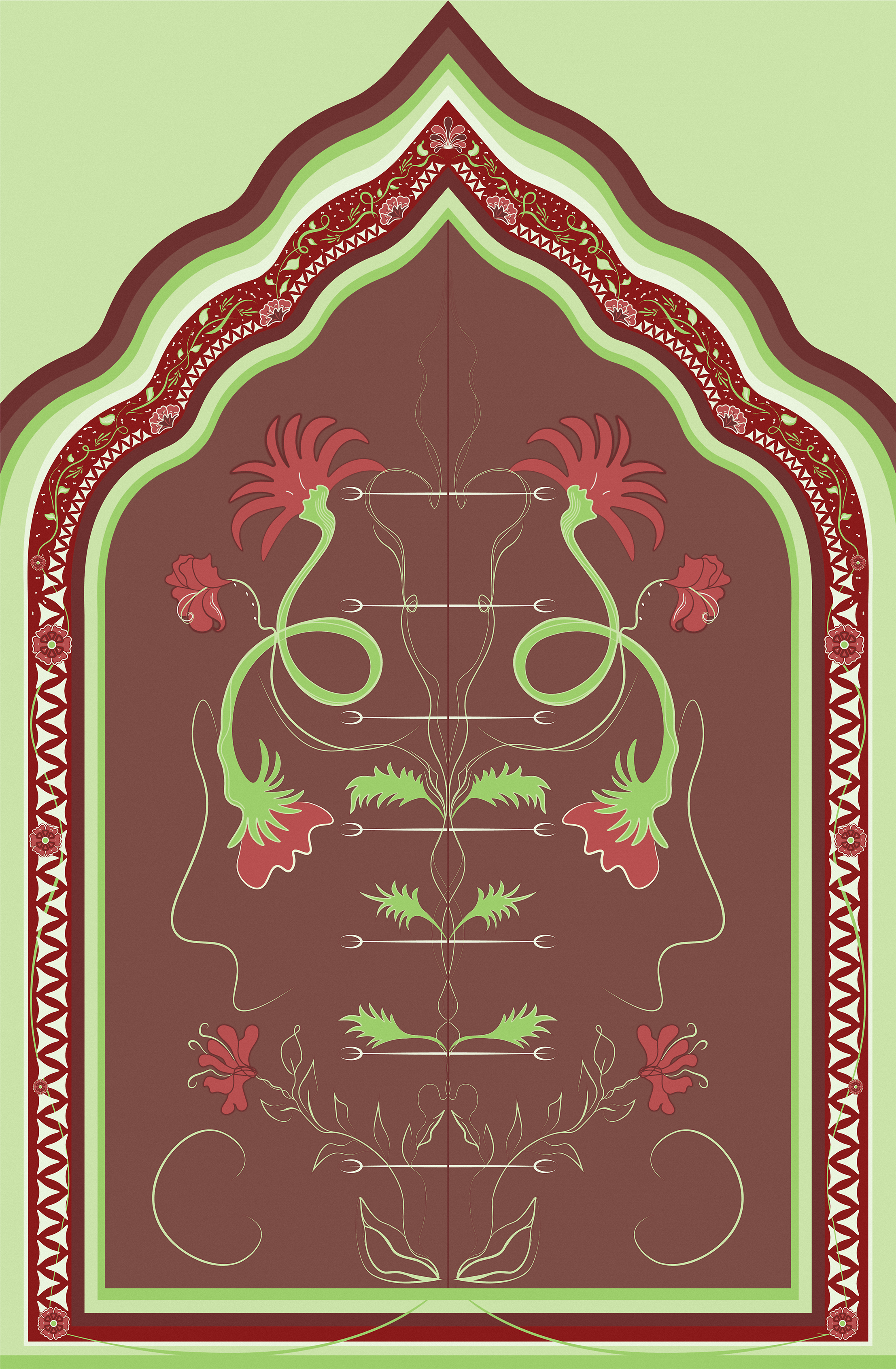 Ornate symmetrical floral and botanical design with stylized faces and flowing curves, featuring red, green, brown, and cream colors, framing a central pattern.