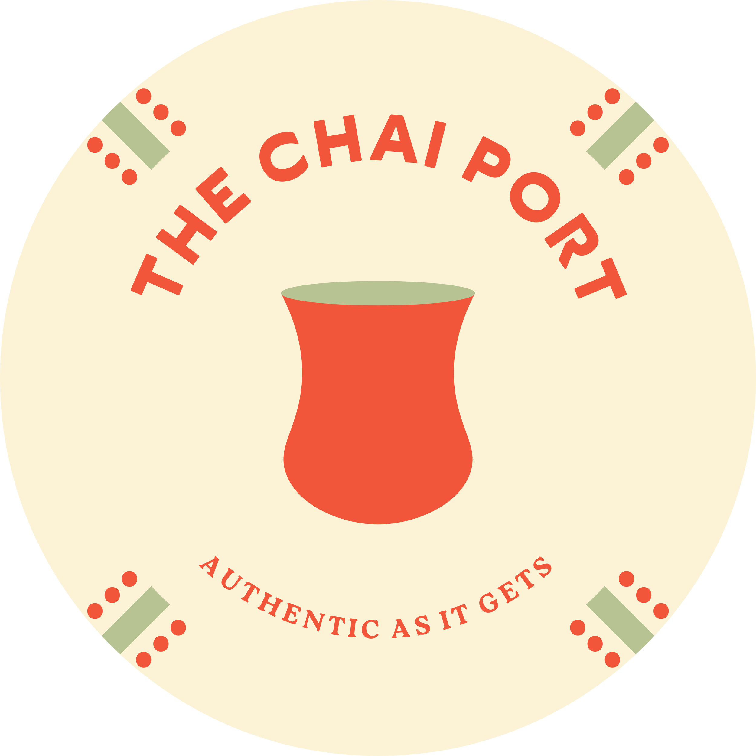 Close-up of a circular vintage-style sign with red text that reads 'THE CHAI PORT' and surrounding red dots, green accent lines, and the beginning of additional text on a cream background.