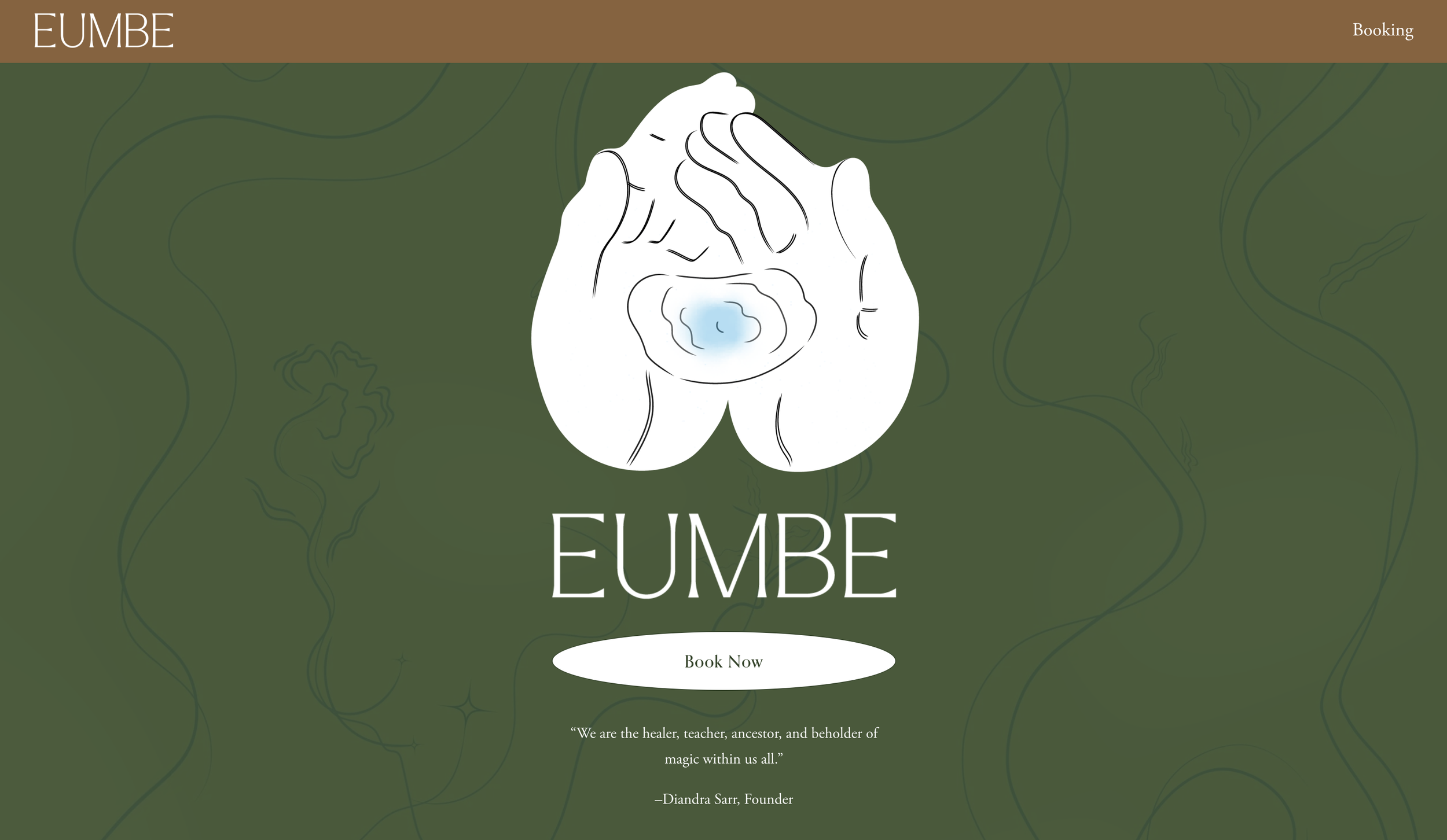 A website homepage for EUMBE featuring a line drawing of a hand with faintly outlined contours and a small blue shape in the palm, set against a dark green background with subtle line patterns, a brown header bar at the top, and a quote by Diandra Sa