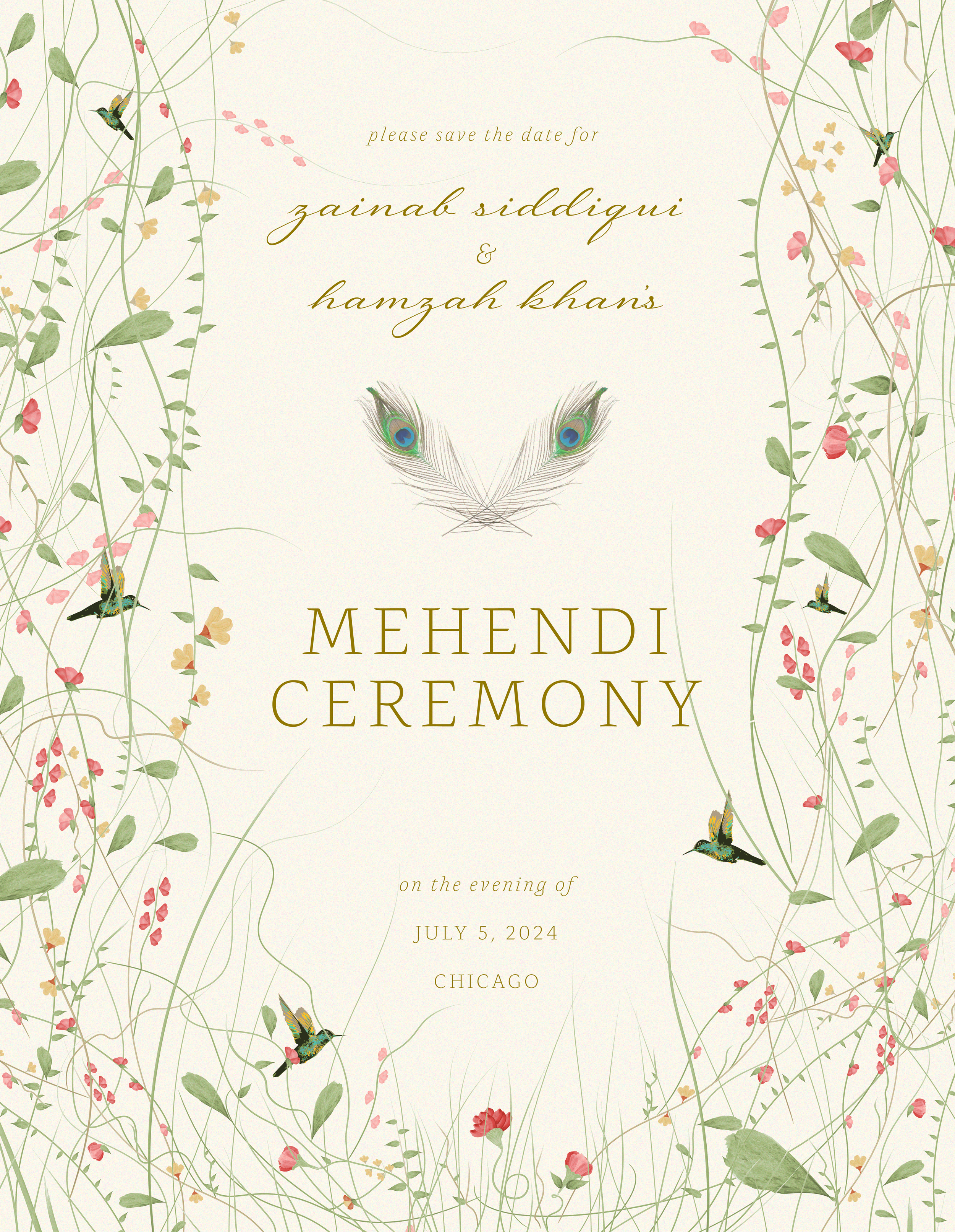 Save the date invitation for a wedding ceremony with a floral design, peacock feathers, and hummingbirds, scheduled for July 5, 2024, in Chicago.