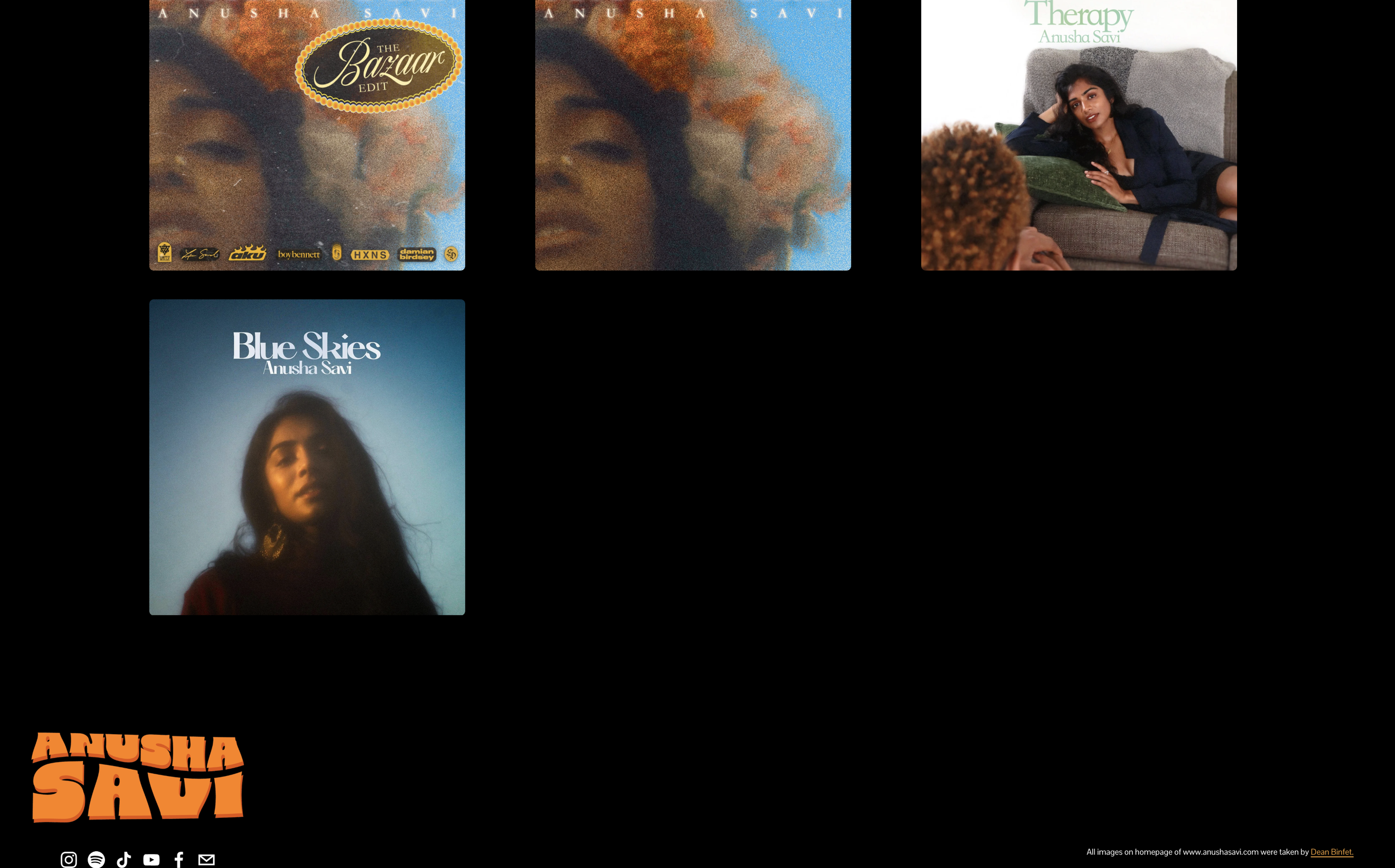 Image collage featuring three album covers by Anusha Savi and a woman lounging on a sofa. The top row shows two album covers, one titled 'The Bazaar' with a blurry, orange-toned close-up of a person's face, and another with a similar design. The thir