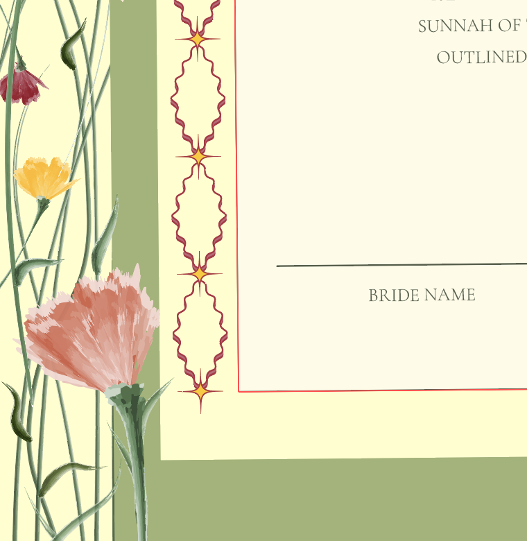 A wedding invitation card with floral design and ornate border on the left side, and space for the wedding details on the right.