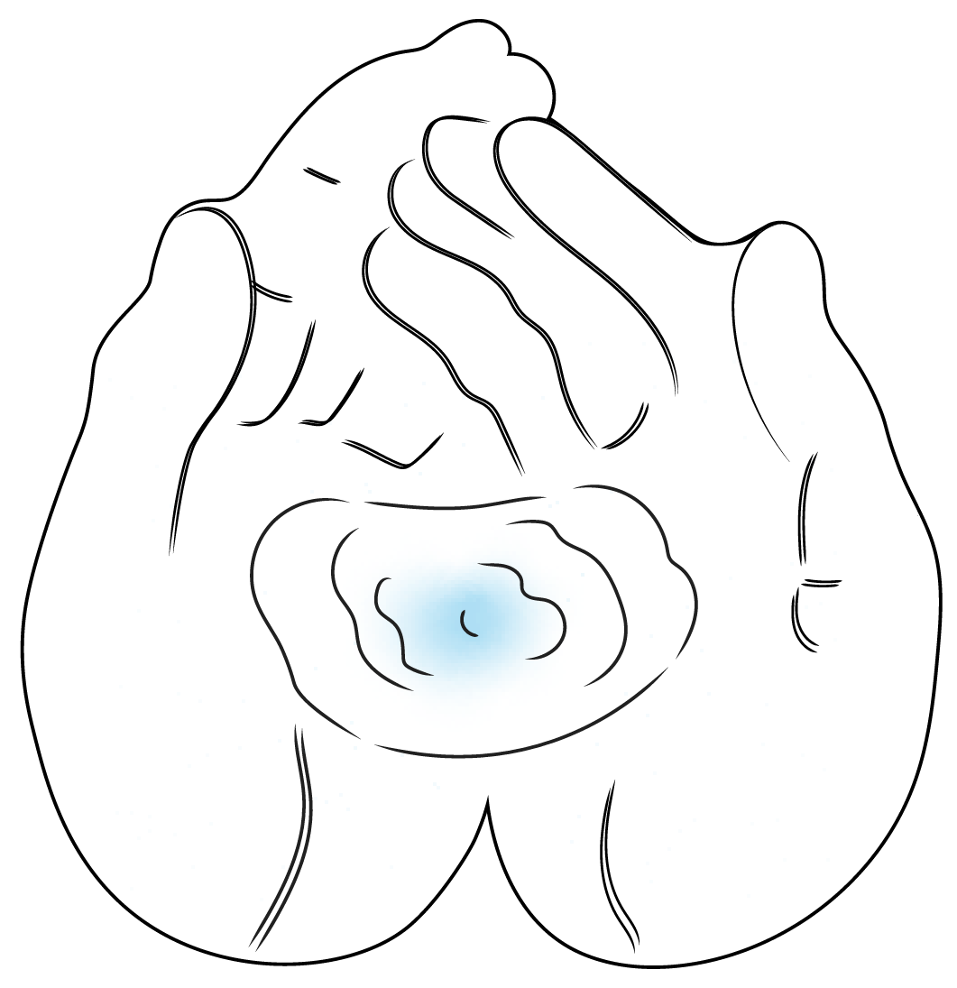Two hands clasped together with one thumb resting on the other hand's fingers, against a black background.