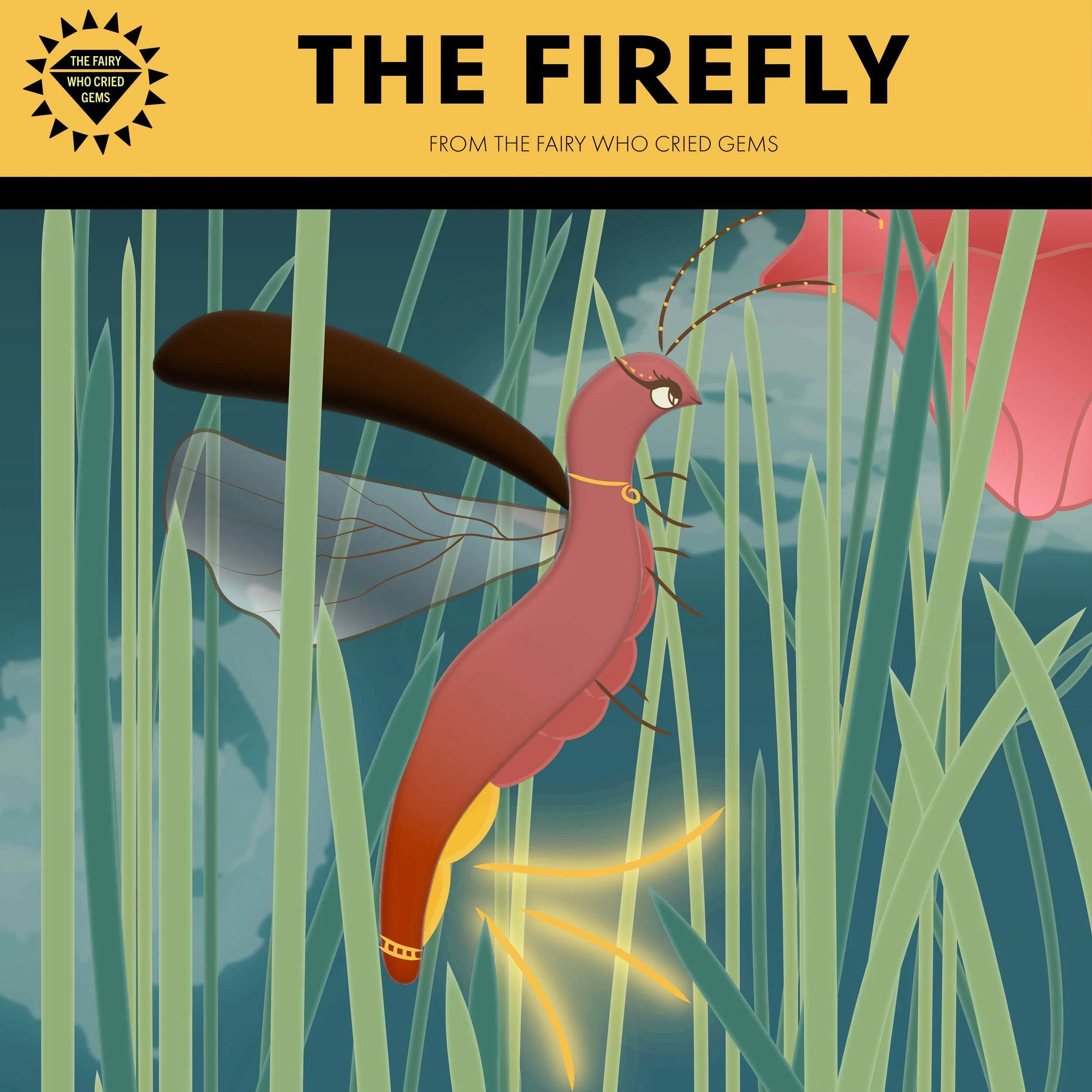 Illustration of a dragonfly with a pink body, yellow accents, and detailed wings, perched among tall green grass on a dark background.