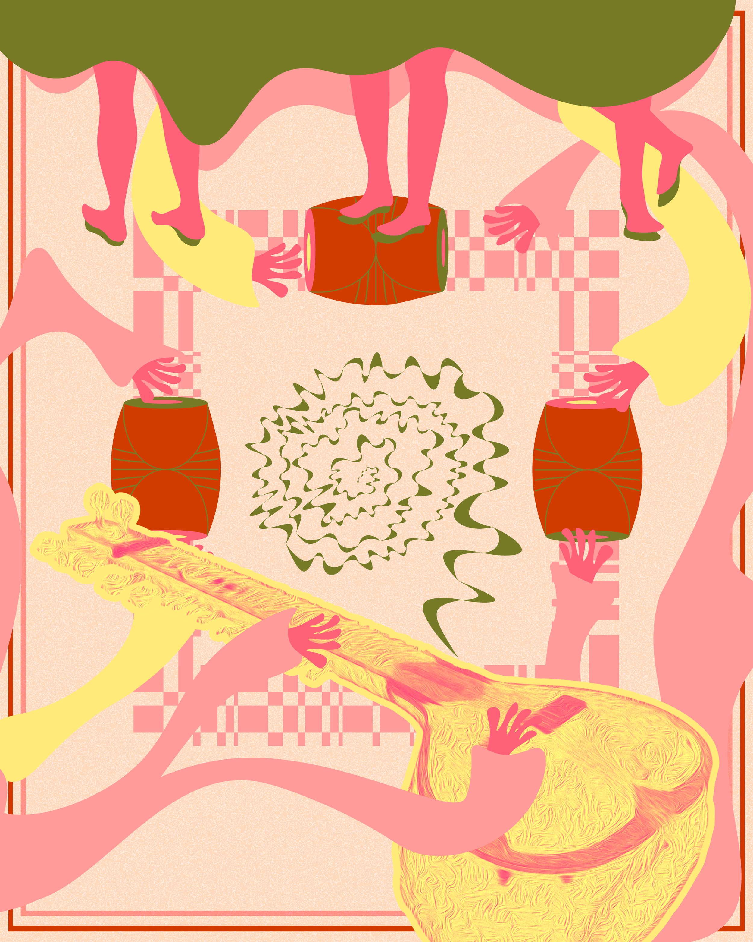 Abstract illustration featuring stylized human hands, legs, and torsos in pink, yellow, and green tones, with drums, spirals, and checkered patterns in the background.