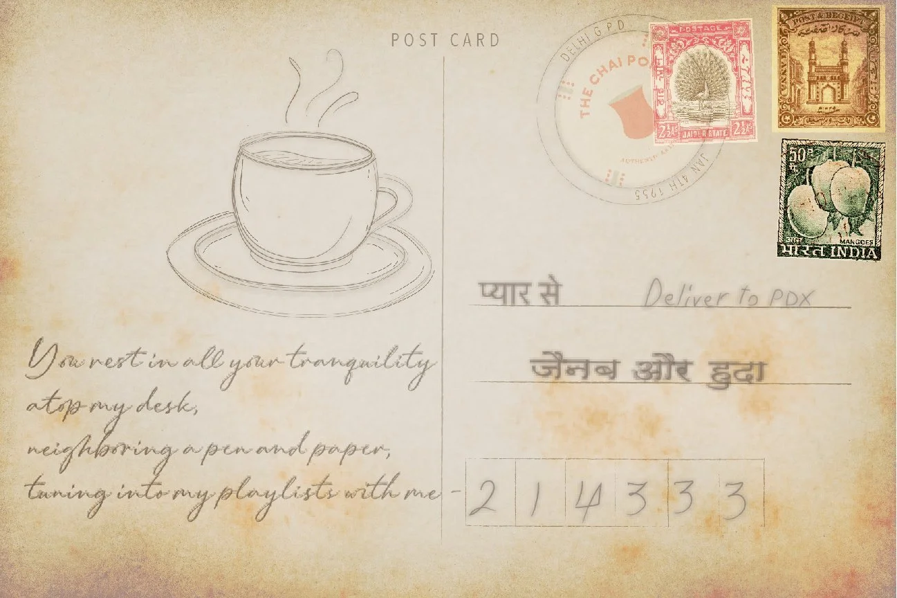 A vintage postcard featuring a sketch of a steaming coffee cup on a saucer on the left side and three postage stamps on the top right corner. The postcard has handwritten text and address details in both English and Hindi.