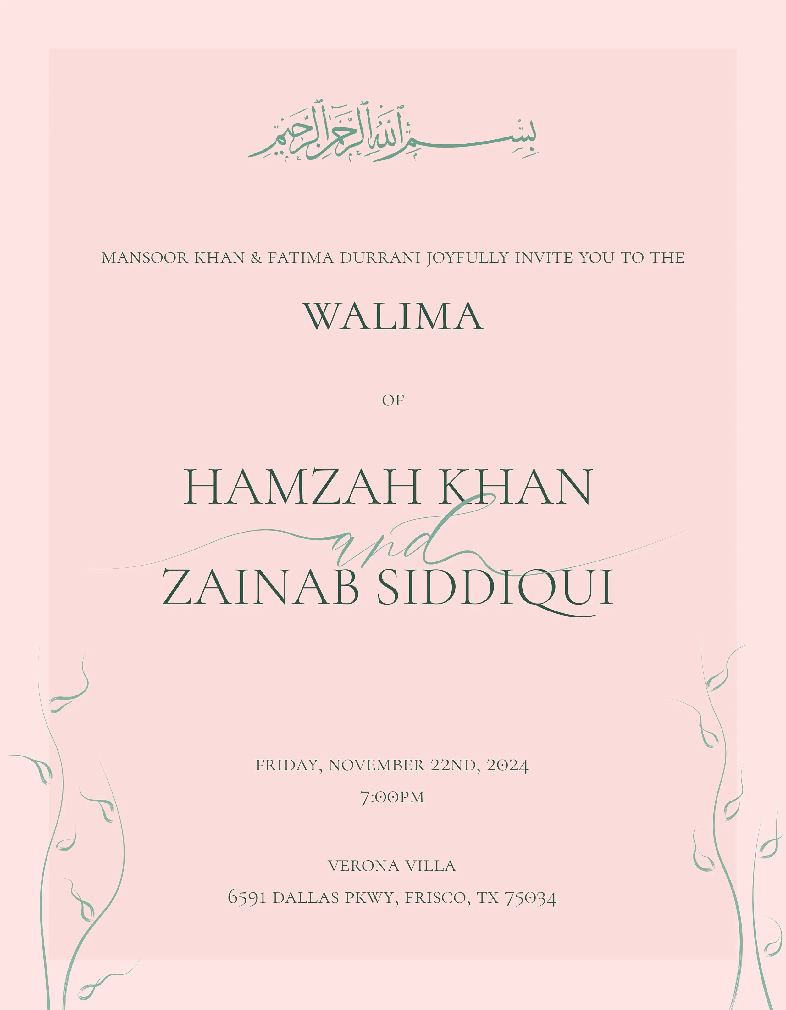Invitation for a wedding of Hamzah Khan and Zainab Siddiqui, scheduled for Friday, November 22, 2024, at 7:00 pm at Verona Villa, 6591 Dallas Pkwy, Frisco, TX 75034.