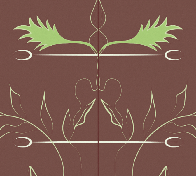 Decorative symmetrical design featuring green leaf-like elements and fine lines on a brown background.