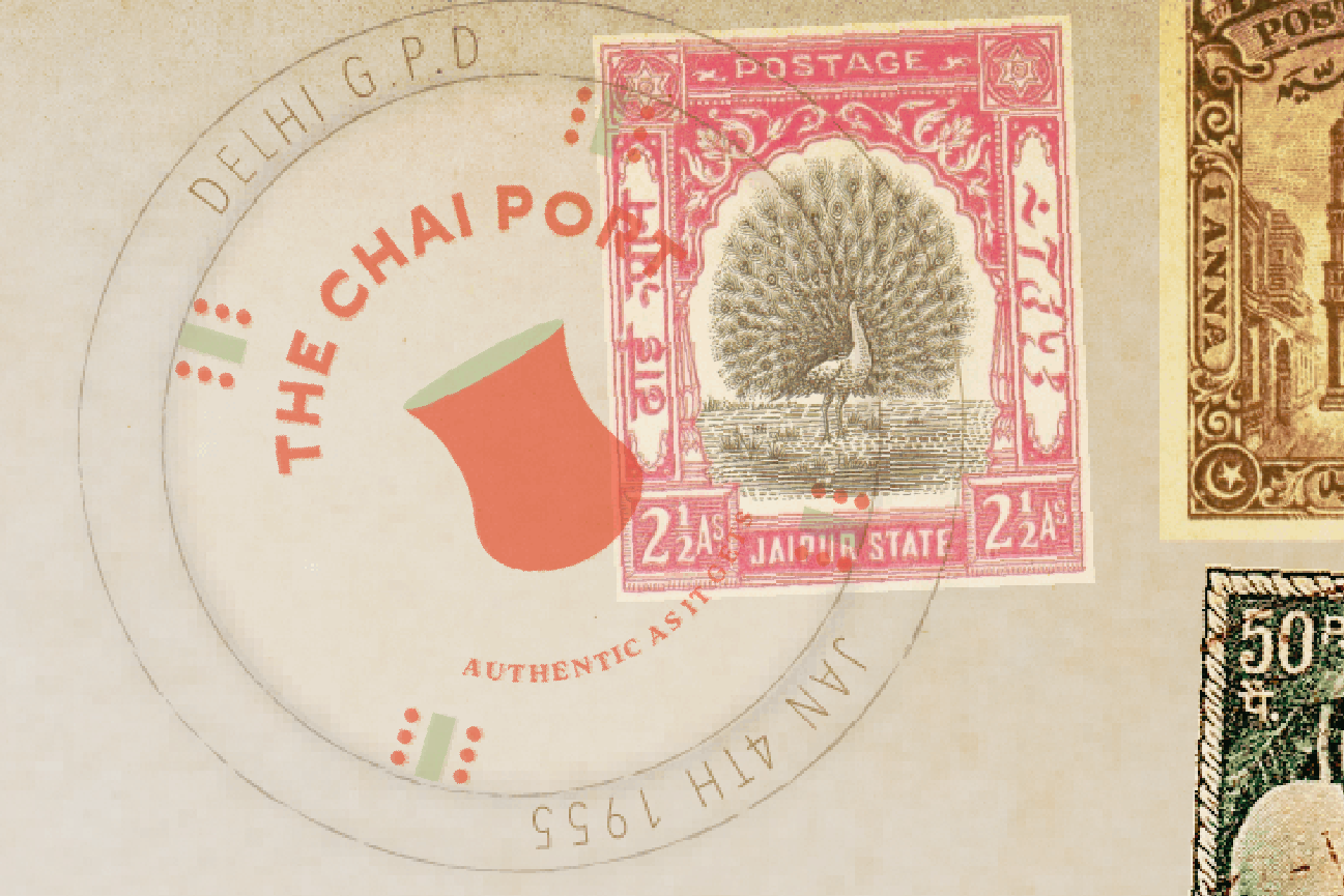 Close-up of a vintage postage stamp with a peacock illustration, marked 'Jailpur State' and '2 ½ AS', overlapped by a circular logo with a hat illustration and the text 'The Chai Port' and 'Authentic S T...'