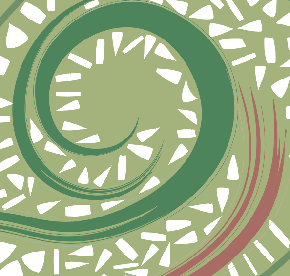 Abstract digital artwork featuring a green spiral pattern on a green background with various geometric shapes.