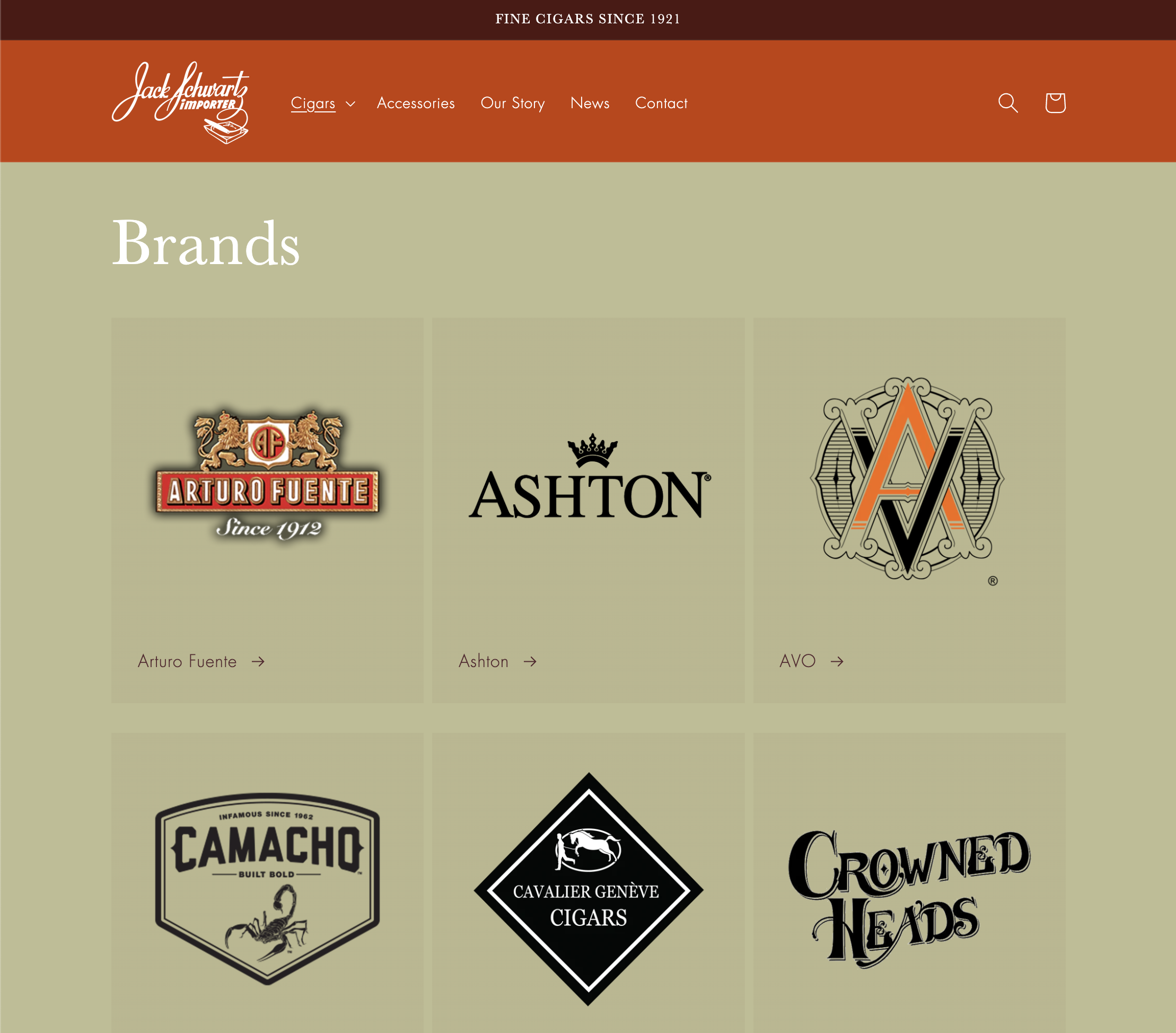 Screenshot of a cigar shop website featuring brand logos such as Arturo Fuente, Ashton, Cavalier Genève, Savoked Heads, Camacho, and Crowned Heads, with navigation menu and search icons.