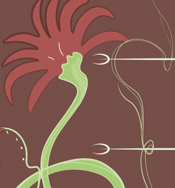 Stylized plant with a red and green color scheme on a brown background, featuring curvy lines and abstract shapes.
