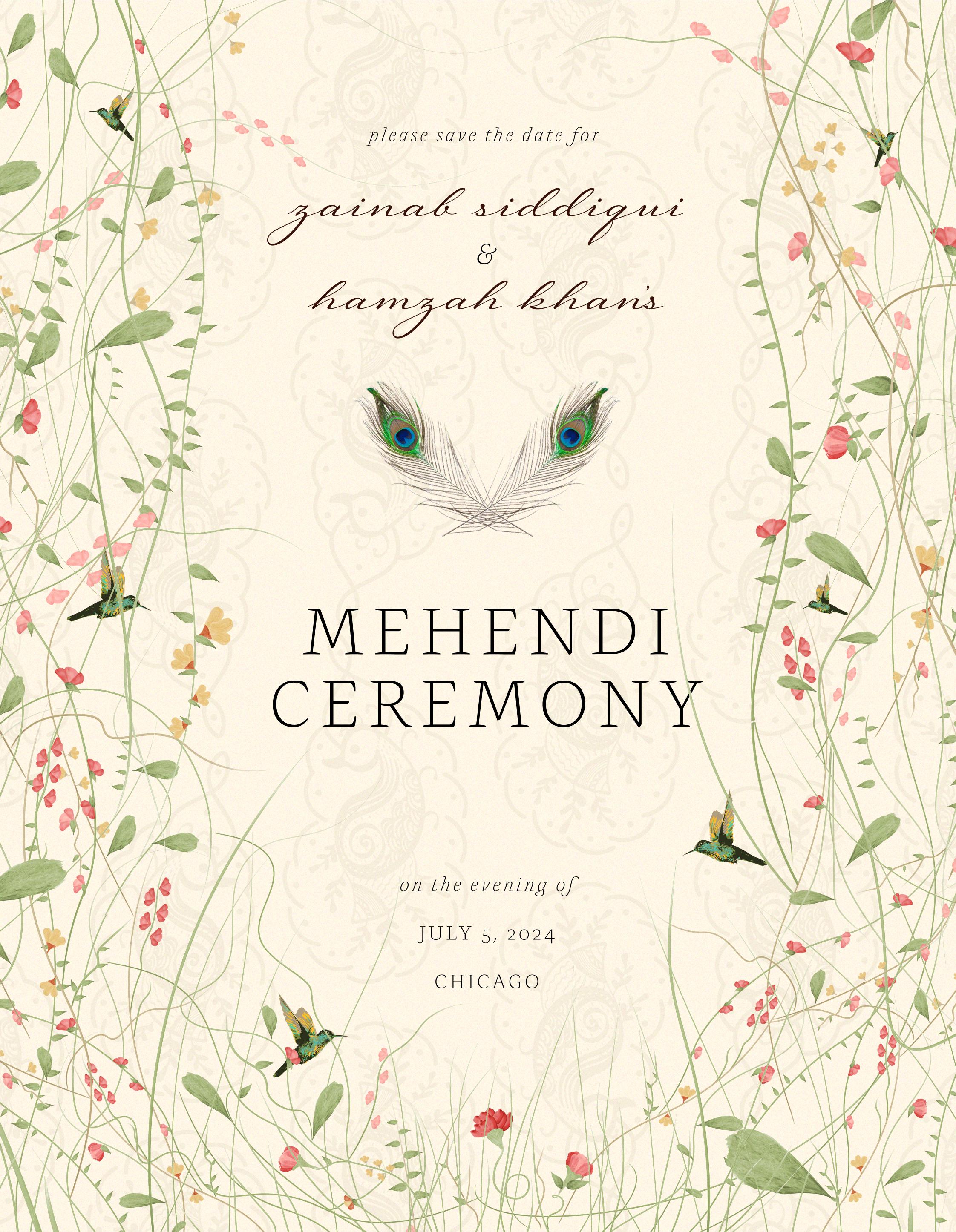 Wedding invitation with floral and bird motifs, including peacock feathers, hummingbirds, pink and yellow flowers, and green vines, with text about the wedding ceremony of Zainab Siddiqui and Hamzah Khan on July 5, 2024, in Chicago.
