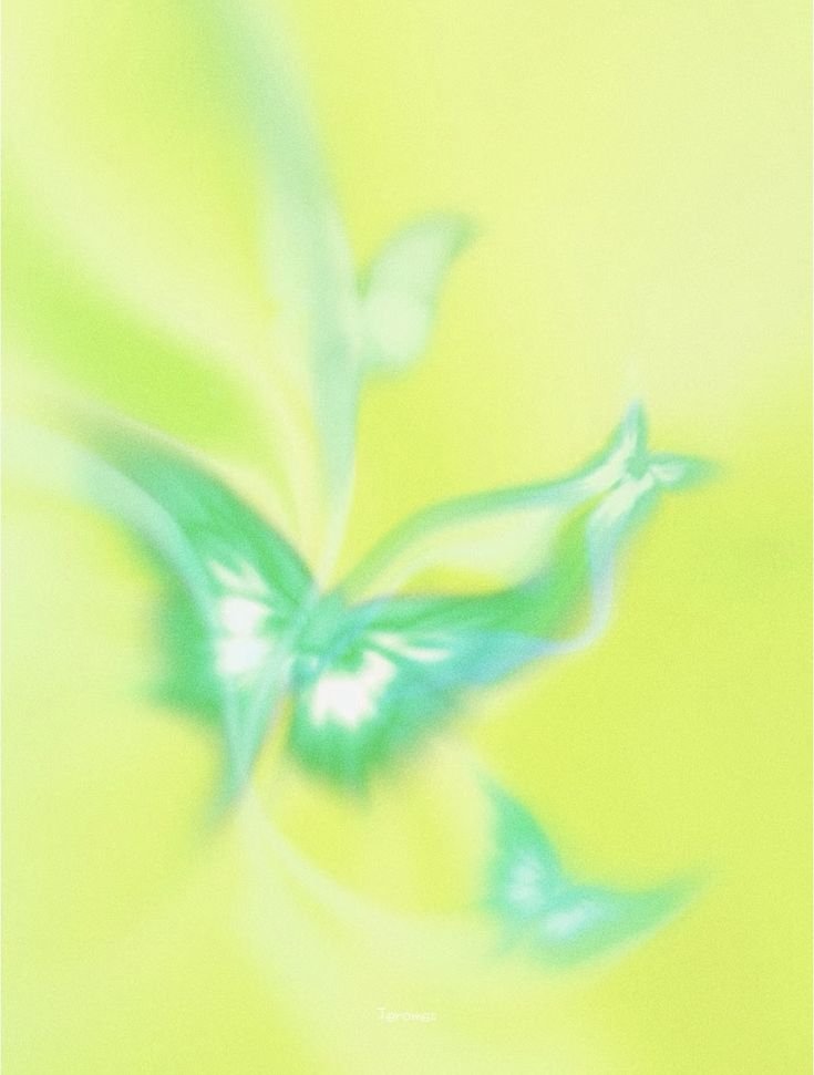 Four green and blue butterflies on a yellow background.