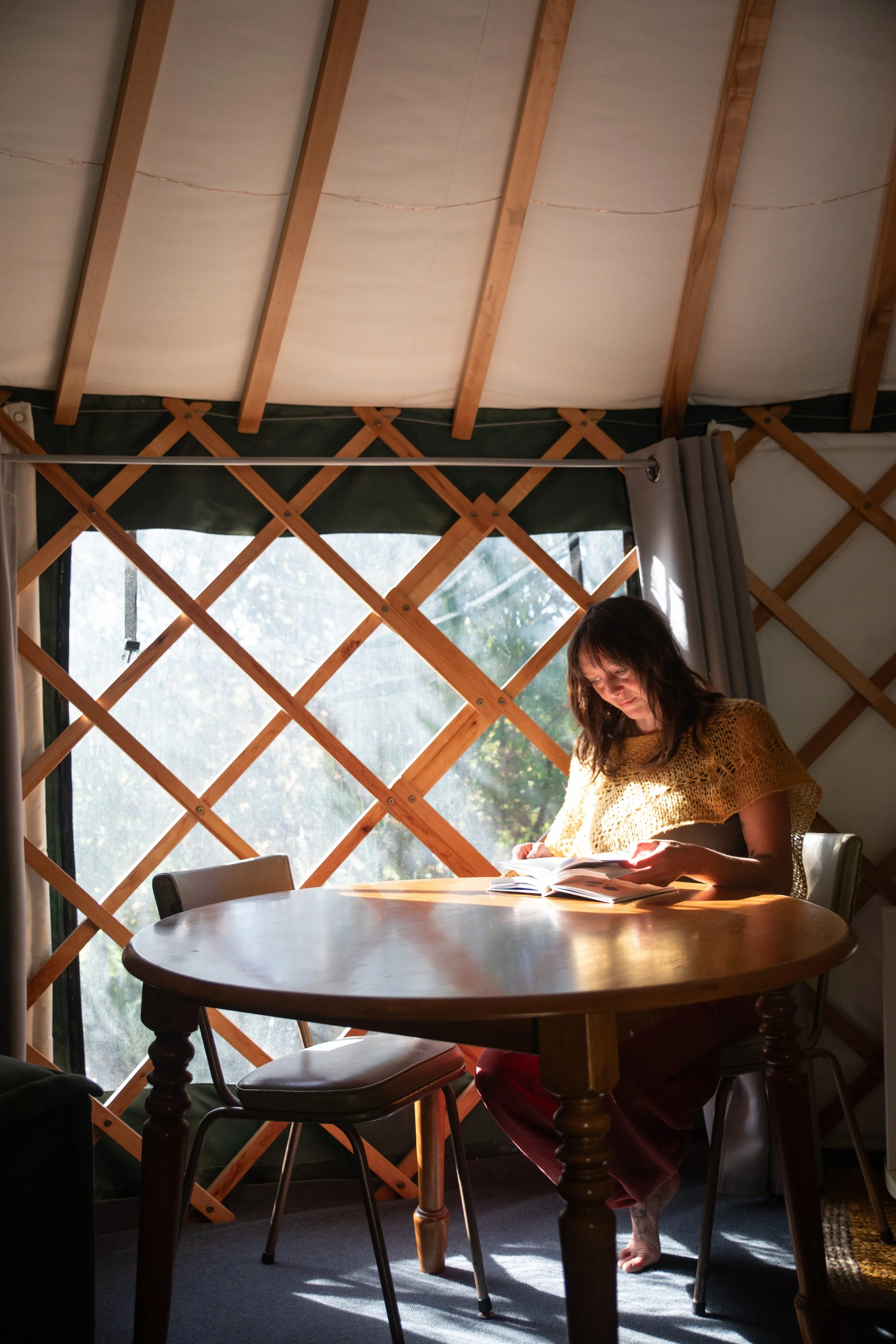 A woman with long dark hair reading a book at a wooden table inside a yurt with wooden lattice walls and a fabric ceiling. Sunlight streams through the window, casting light on her and the table, with a curtain partially visible.