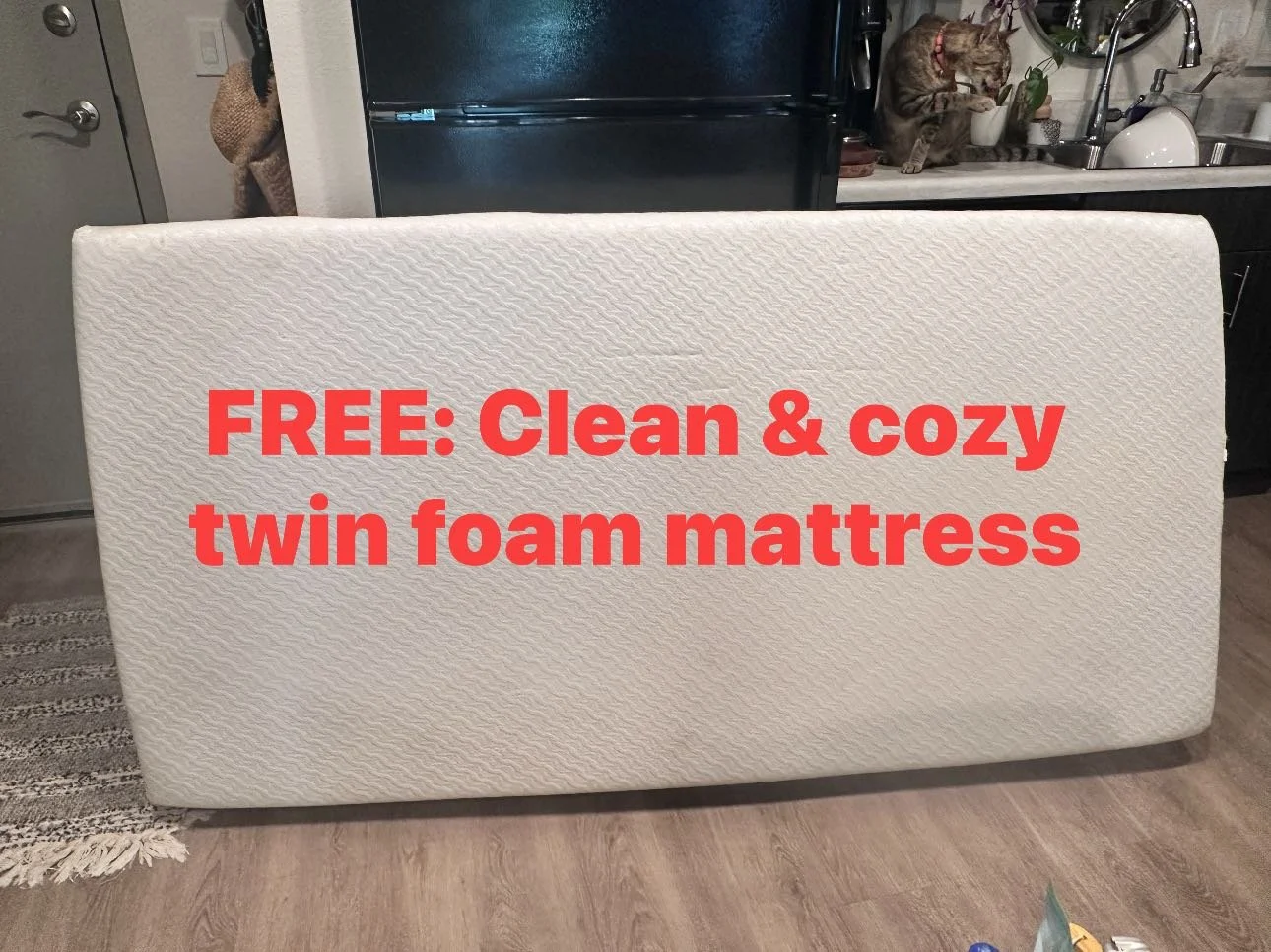 FREE clean twin-size foam matress. Nothing wrong with it- just got a larger bed for my teen daughter. Please share if you know someone who might need it. 🧡