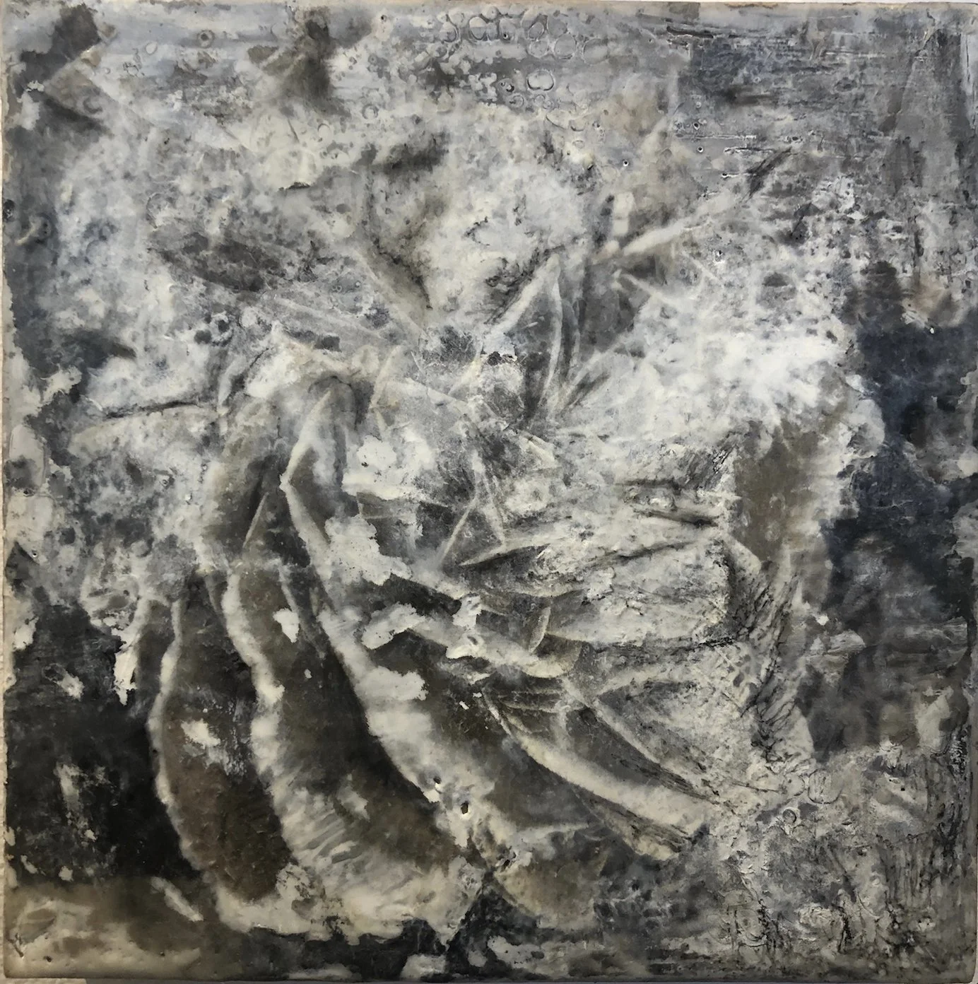 Abstract black and white textured painting with swirling patterns and smoky effects.