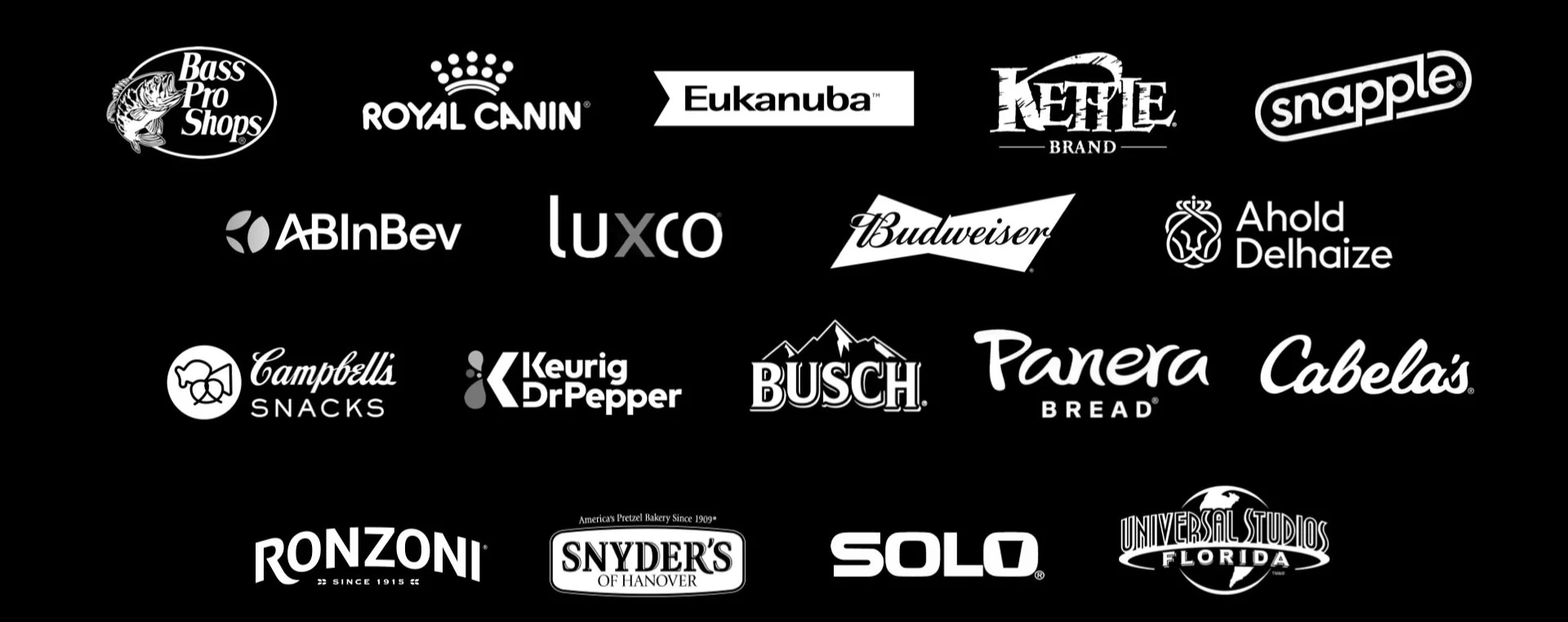 Logos of various brands including Bass Pro Shops, Royal Canin, Eukanuba, Kettle Brand, Snapple, ABInBev, Luxco, Budweiser, Ahold Delhaize, Campbell's Snacks, Keurig Dr Pepper, Busch, Panera Bread, Cabela's, Ronzoni, Snyder's of Hanover, SOLO, Universal Studios Florida.