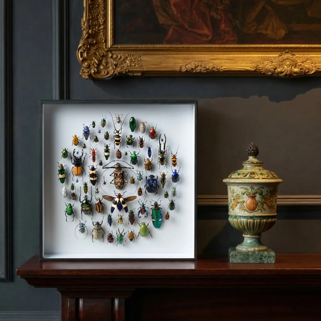 A swirling storm of colors and shapes within this constellation of beetles from all around the world.

&mdash;

#beetleart #coleoptera #scarabstyle #pinnedbeetles #exoticbeetles