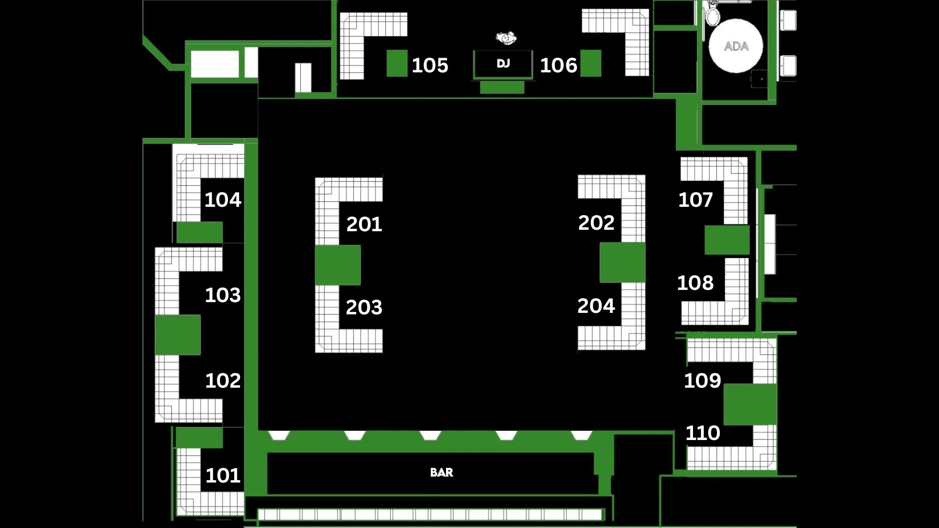 A floor plan of junge hollywood nightclub bottle service vip tables