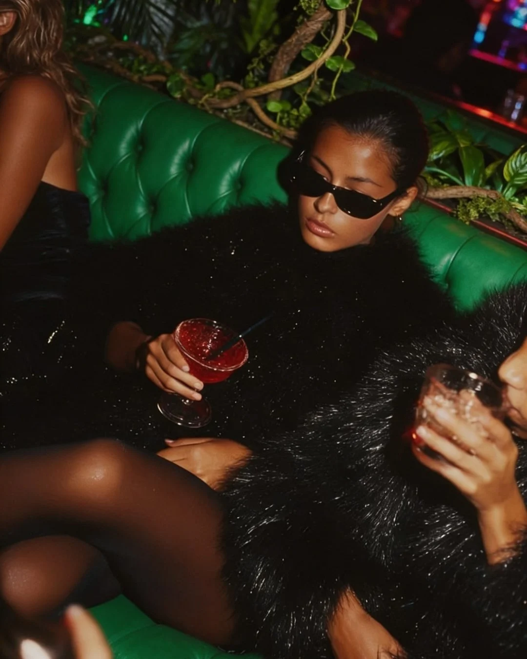 A woman with dark hair wearing sunglasses and a black furry coat is lounging on a green leather couch in a dimly lit setting. She is holding a red cocktail in one hand and has a relaxed, fashionable pose.