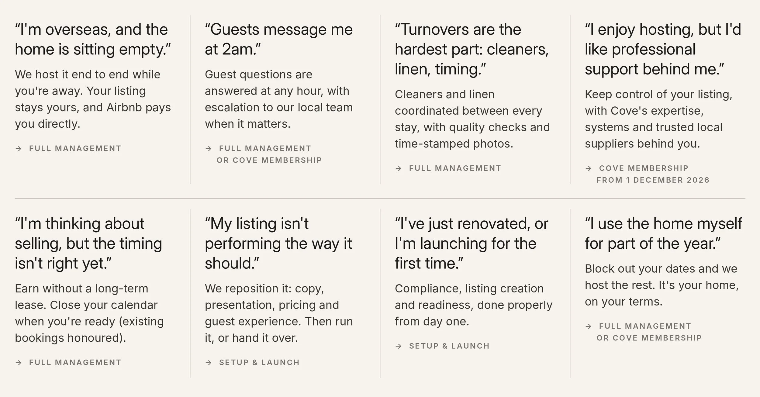 Owner scenarios matched to Full Management, Cove Membership or Setup & Launch