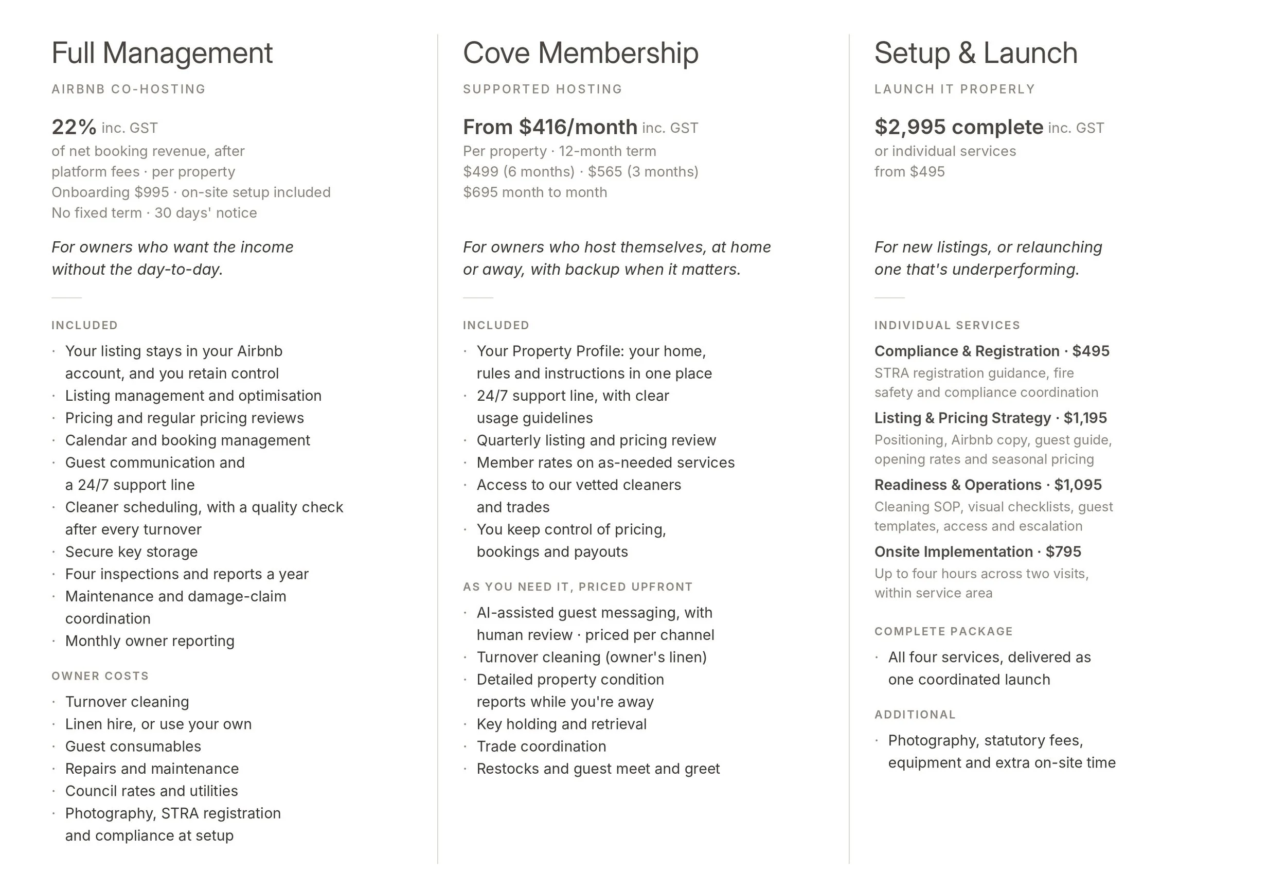 Cove Curation pricing, inc. GST: Full Management 22% of net booking revenue; Cove Membership from $416/month; Setup & Launch $2,995 or from $495