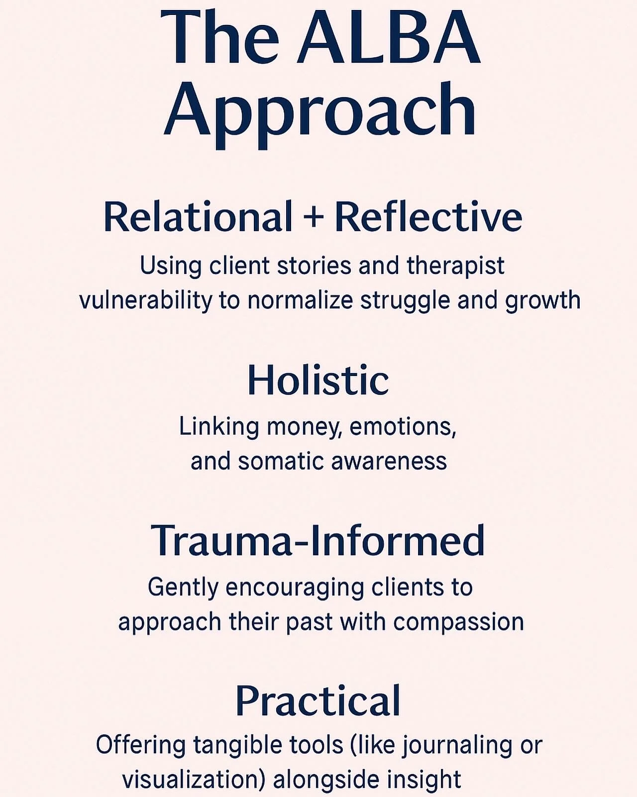 Therapy isn&rsquo;t one-size-fits-all. 
The ALBA Approach is rooted in connection, compassion, and cultural clarity.
It&rsquo;s not just about talking&mdash;it&rsquo;s about transforming.

Whether we&rsquo;re rewriting money stories, navigating traum