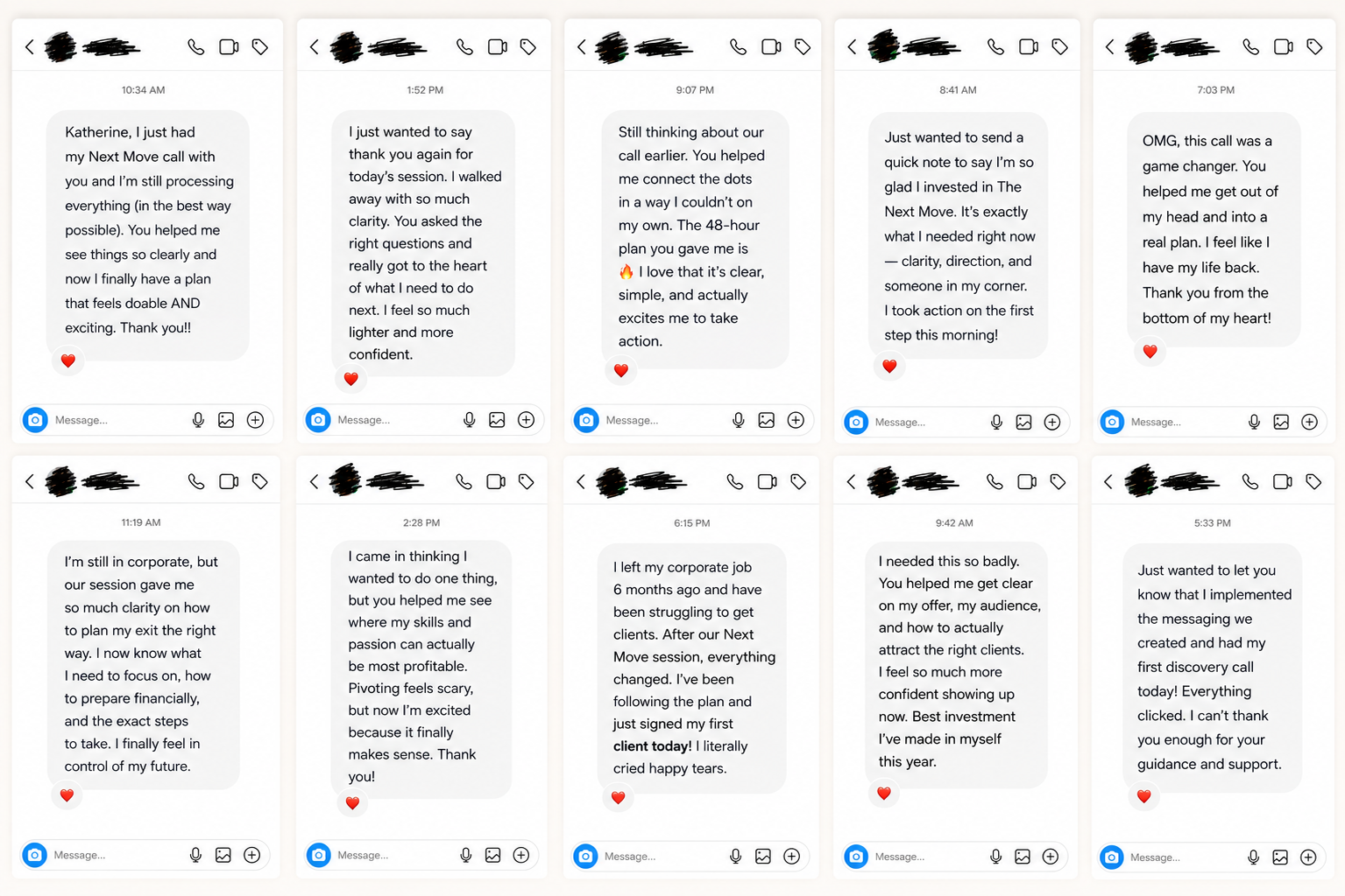 ten direct messages with testimonials of The Next Move.