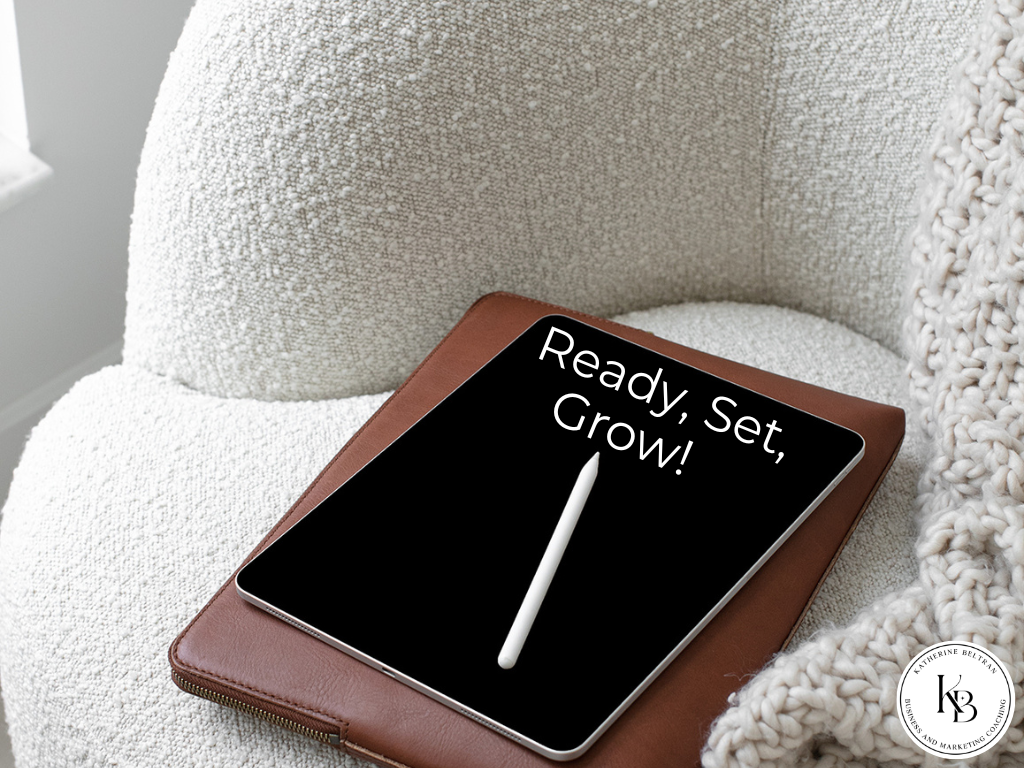 Tablet showing Ready, Set, Grow! — Katherine Beltran’s monthly business accountability program for entrepreneurs.