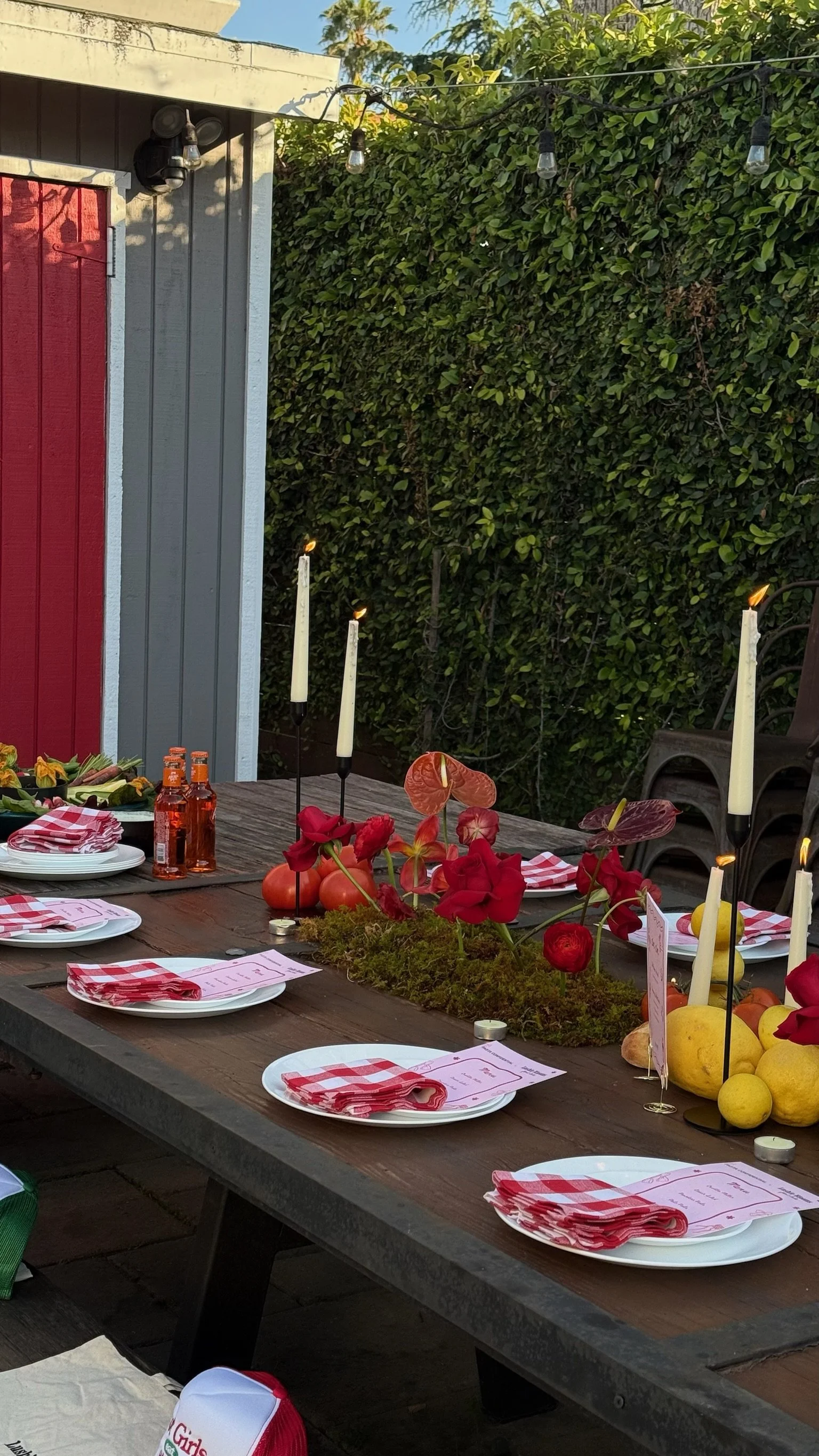 A decorated outdoor dining table set for a gathering with white plates, red checkered napkins, and candles. The table features a floral centerpiece with red flowers and yellow lemons, and there are two bottles of soda. In the background, there is a g