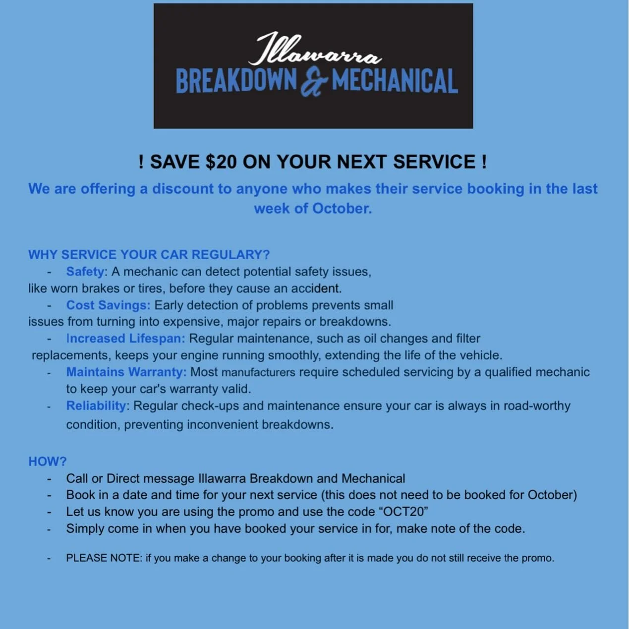 Illawarra Breakdown and Mechanical are offering you a SPECIAL DEAL! 😁

All you need to do is make the move on booking your next service over the last week of October and your set for your next service, booking can be made for whenever you next servi