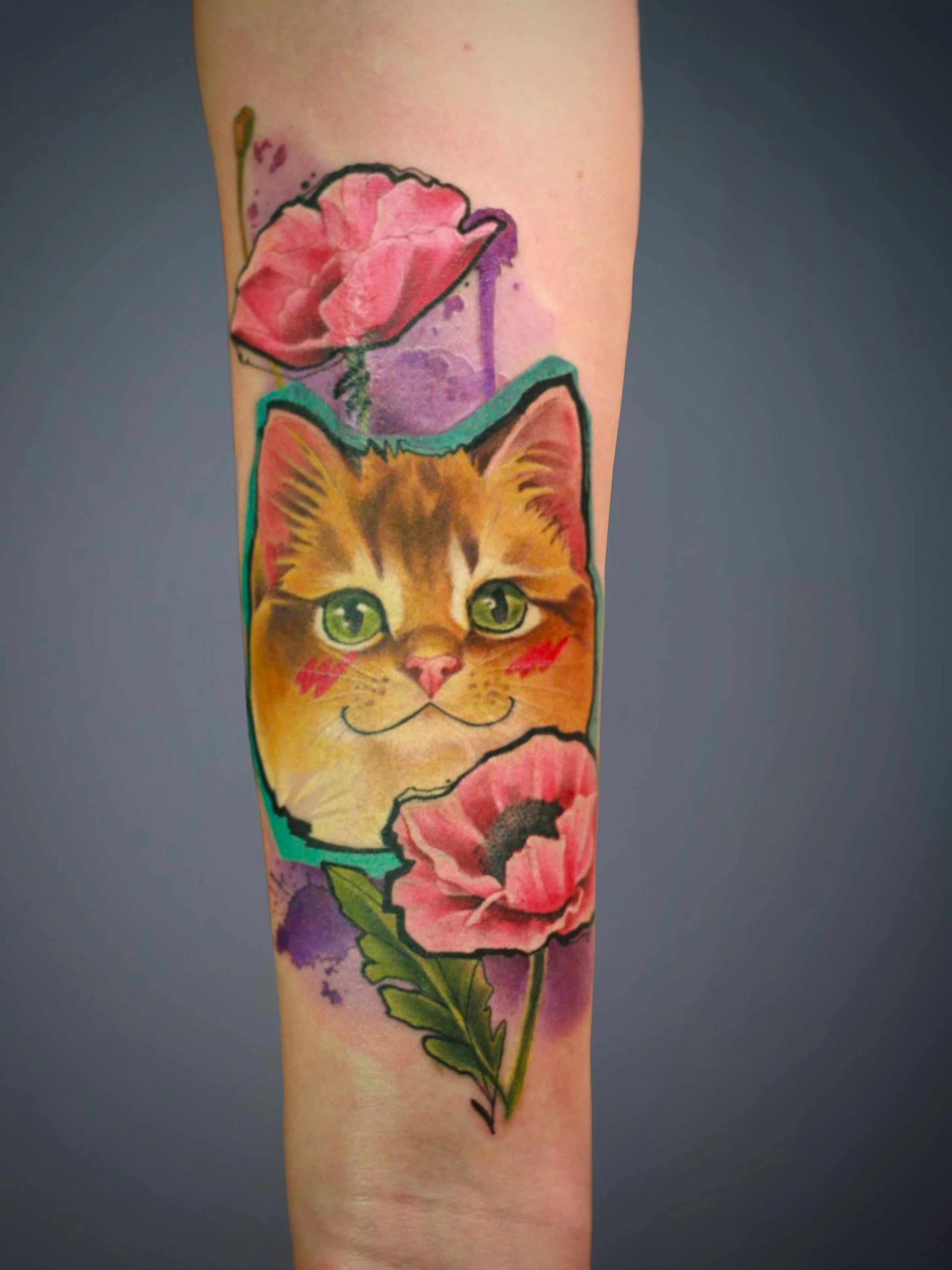 Graphic, animalistic, watercolor Kitten Tattoo