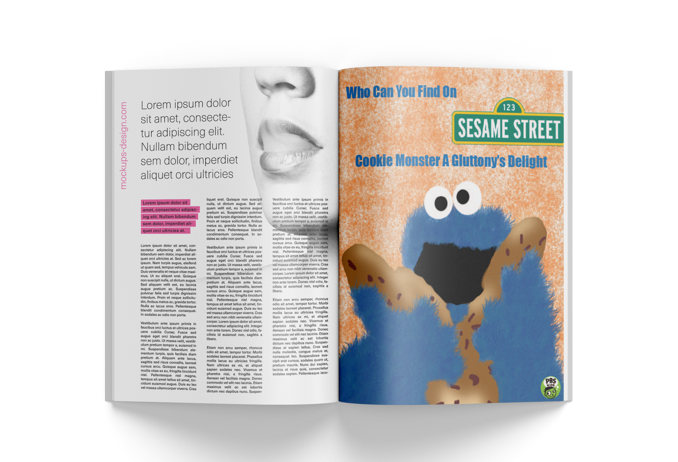 Open children's magazine featuring a Sesame Street character with blue fur and big eyes on the right page and text on the left page.