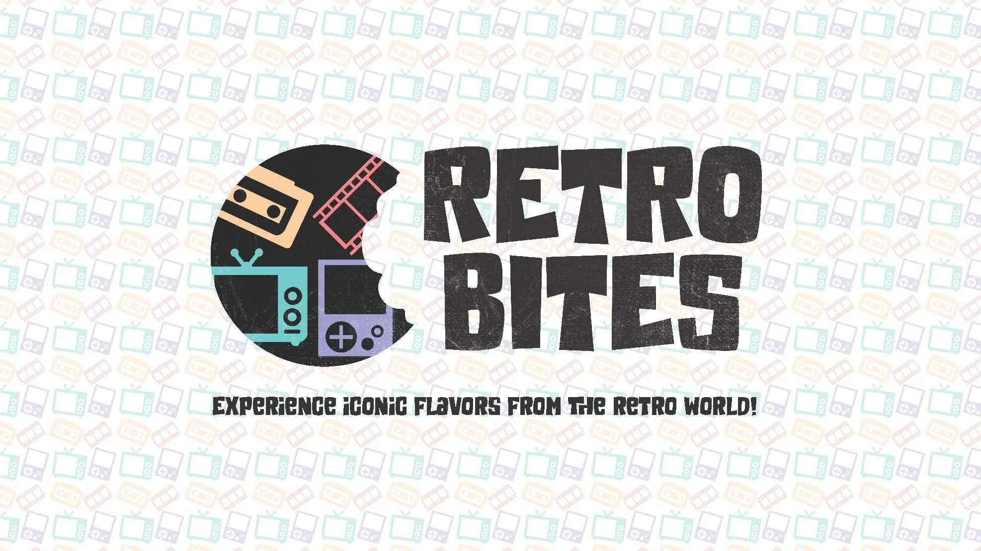 Retro electronics icons forming a circle with the text 'Retro Bites' in bold black font and a caption 'Experience long flavors from the retro world!'
