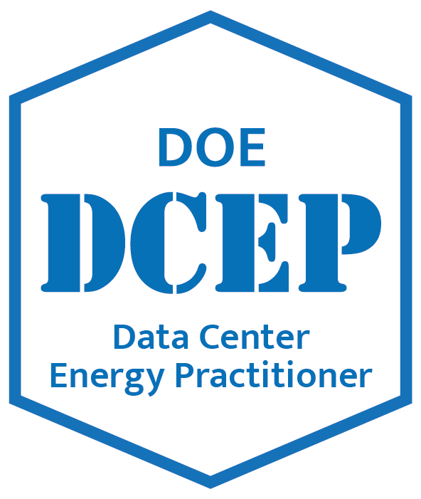 A logo with a blue geometric outline, text reading DOE DCEP, and the labels 'Data Center' and 'Energy Practitioner' below.