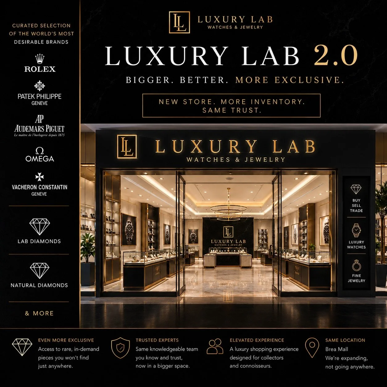 In just 1.5 years, Luxury Lab has grown beyond what we imagined, thanks to our loyal customers.

Now, we&rsquo;re entering our next chapter with an expanded showroom of fine jewelry and 500+ exclusive timepieces.

The best is yet to come.

Follow us 