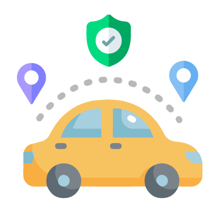 Graphic of a yellow car with location pins and a shield with a checkmark above it, representing vehicle tracking and protection.