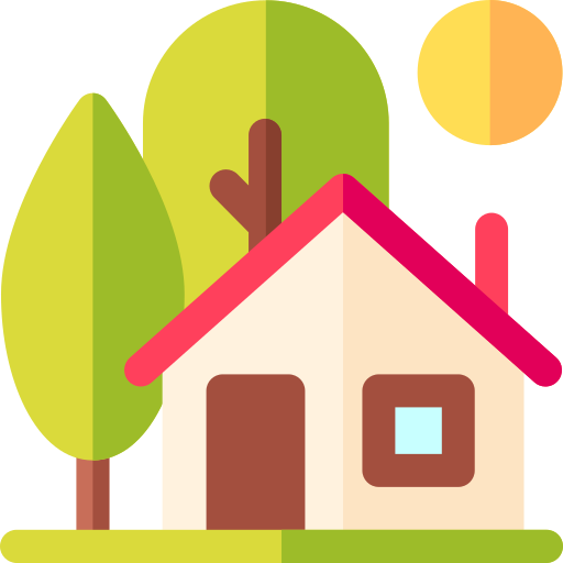 Illustration of a house with a red roof, surrounded by trees, with a sun in the sky.