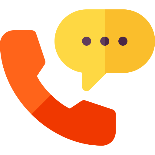Icon of a red telephone receiver with a yellow speech bubble containing three black dots, representing a phone call or messaging.