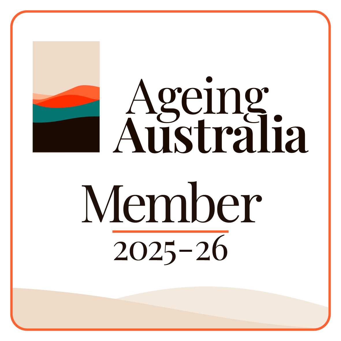 A digital membership card for Ageing Australia for the year 2025-26, featuring a stylized landscape graphic with hills and color blocks.