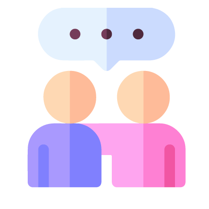 Two cartoon figures, one in blue and one in pink, with a speech bubble above containing three dots.