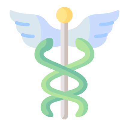 A medical symbol featuring a staff with wings, a snake wrapped around it, and a golden orb at the top.