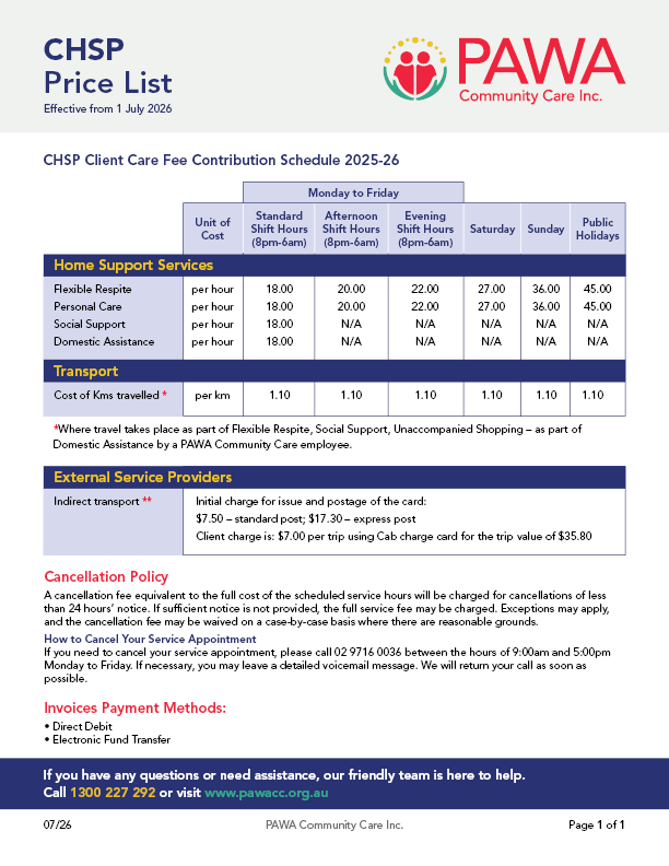 CHSP Price List document from PAWA Community Care Inc., effective July 1, 2026, showing client care fee contributions, scheduled rates from Monday to Friday, and service policies.