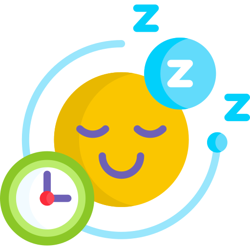 A cartoon yellow moon with a smiling face, sleeping with closed eyes, surrounded by blue Z's indicating sleep, alongside a green clock showing the time as 3:00.