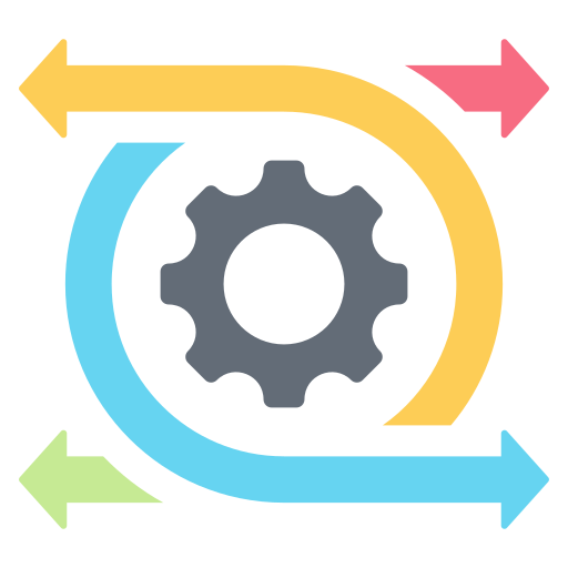 A gear surrounded by four arrows in yellow, pink, blue, and green representing a process cycle.
