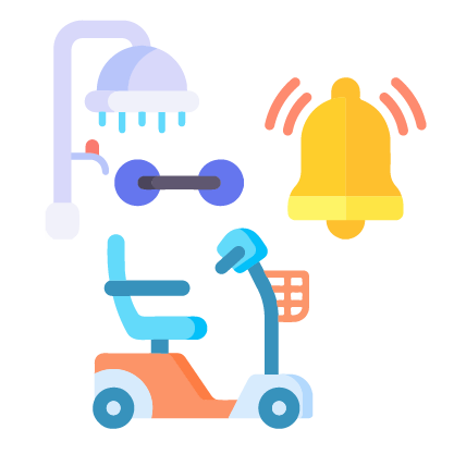 Illustration of a shower head with water, a yellow alarm bell with sound waves, a blue mobility scooter with a basket, and a blue faucet.