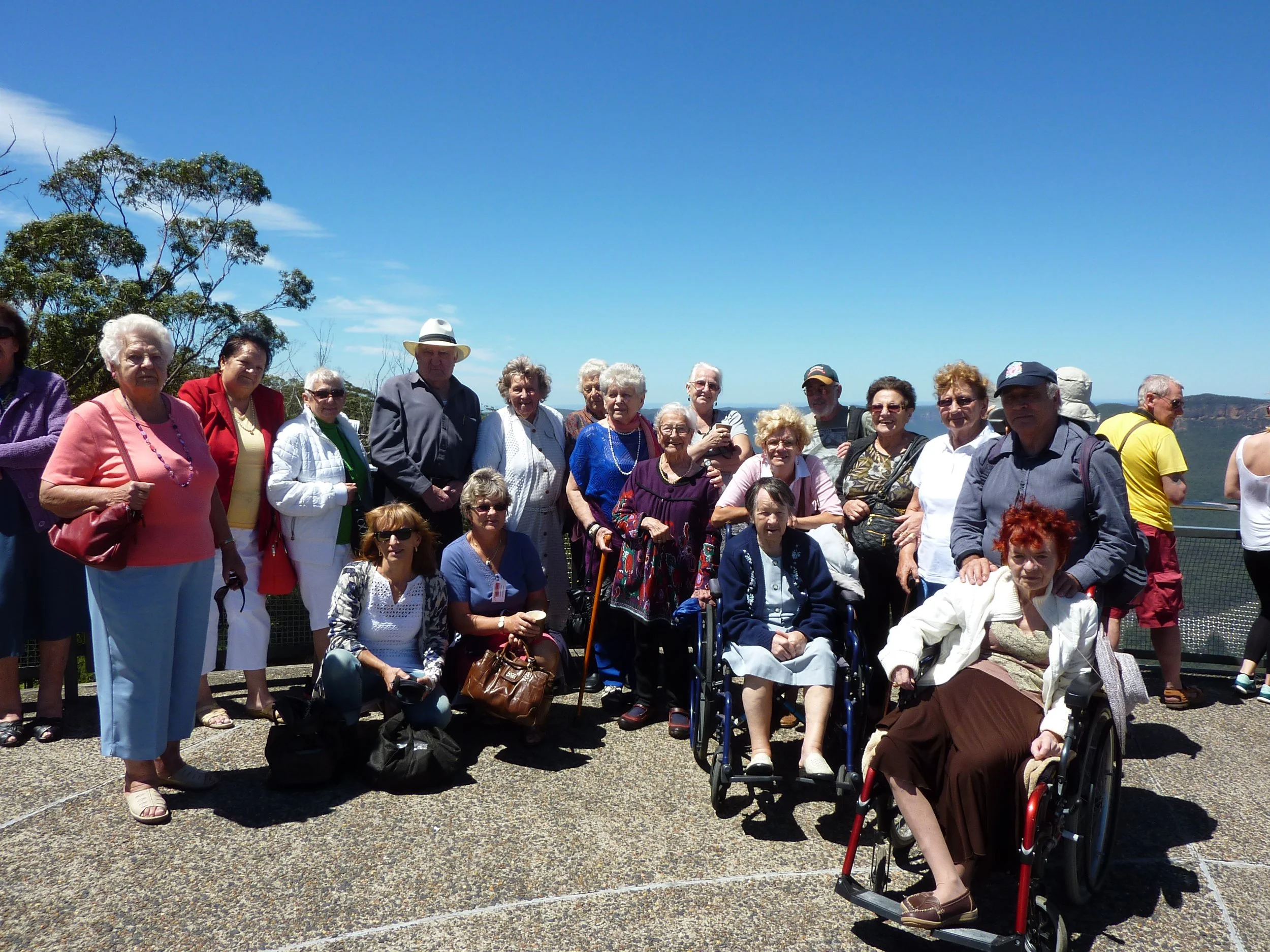 A group of elderly tourists, including women with white and gray hair, some in wheelchairs, posing outdoors on a sunny day with clear blue sky, green trees, and distant hills in the background.