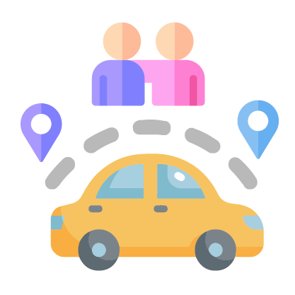 Illustration of two people near a yellow car with location markers indicating a ride-sharing or carpooling service.