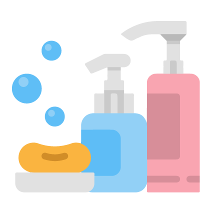 Illustration of soap dispensers, a yellow soap bar, and bubbles.